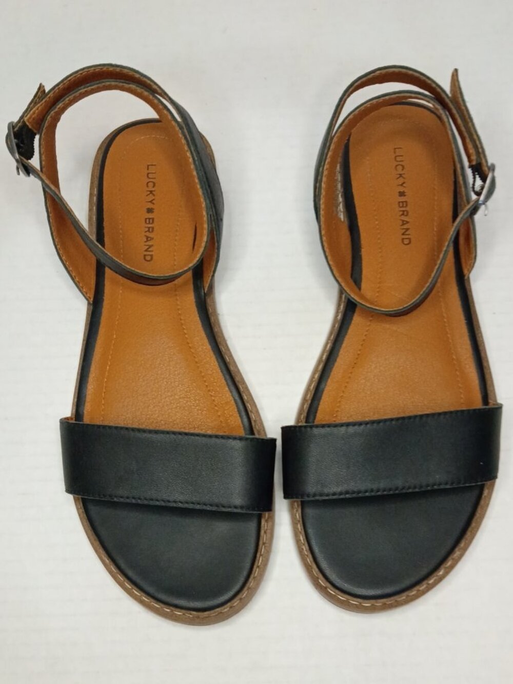 Lucky Brand Kerena Black Leather Ankle Strap Flat Sandals Women’s Size 8M